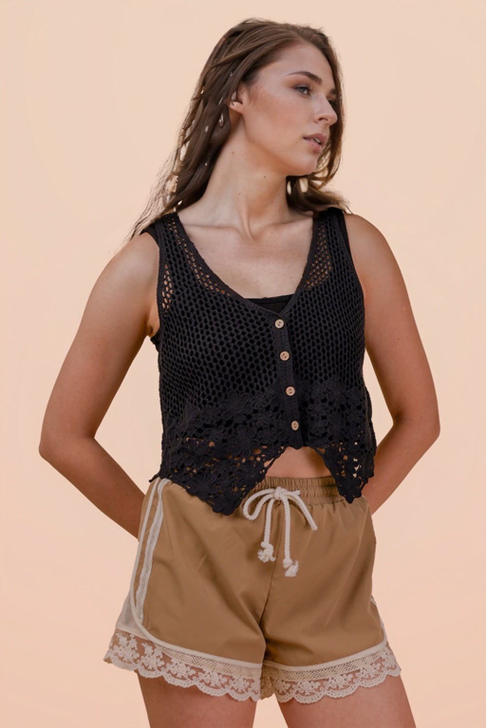 Very J Black Crochet Knit Boho Vest with Floral Hem Detail NT12035-BLACK