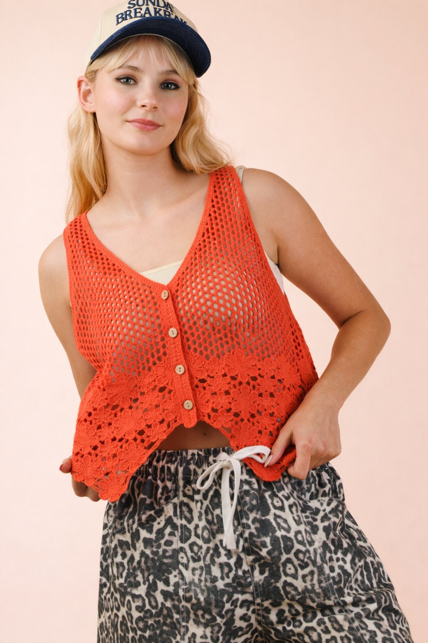 Very J Sunset Crochet Knit Women's Boho Vest with Floral Hem NT12035-SUNSET