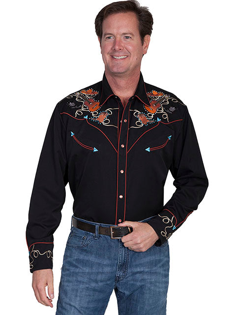Scully Black Boots Hats & Guitars Embroidered Shirt P-842-BLK