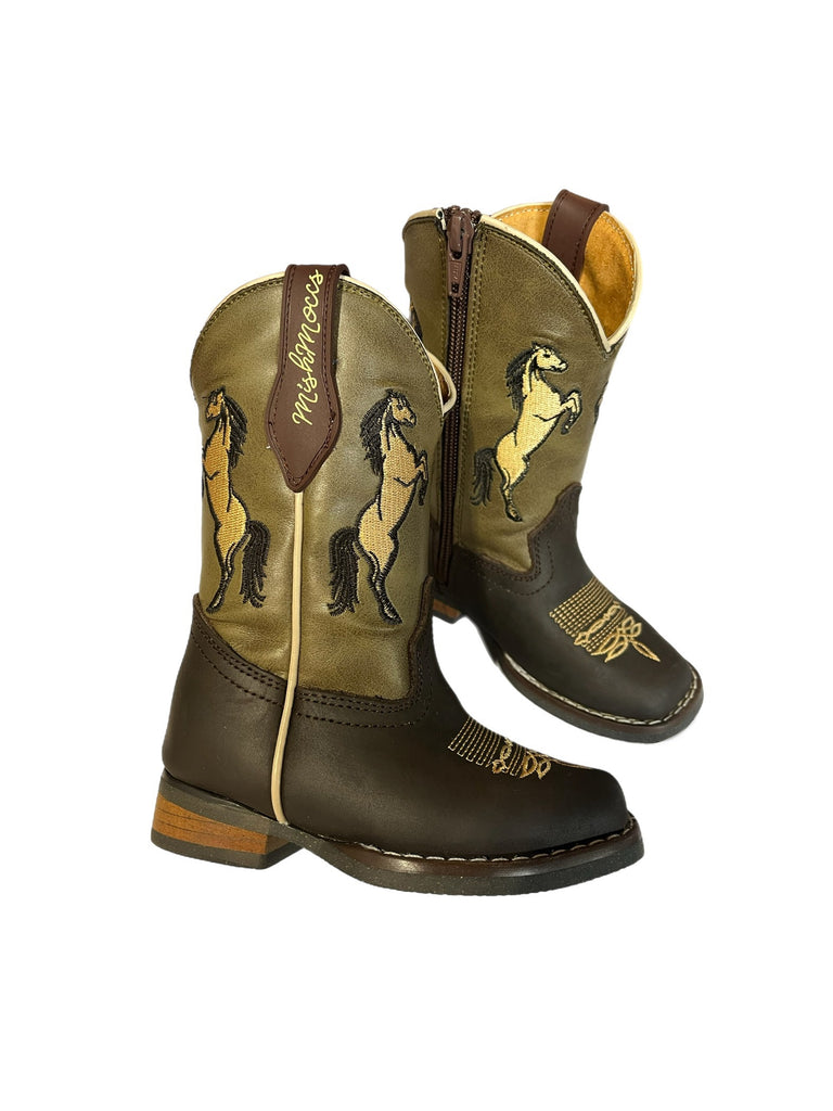 Mishmoccs Brown with Horses on Olive Shaft Little Kid Wide Square Toe Cowboy Boots COWBOYBOOT