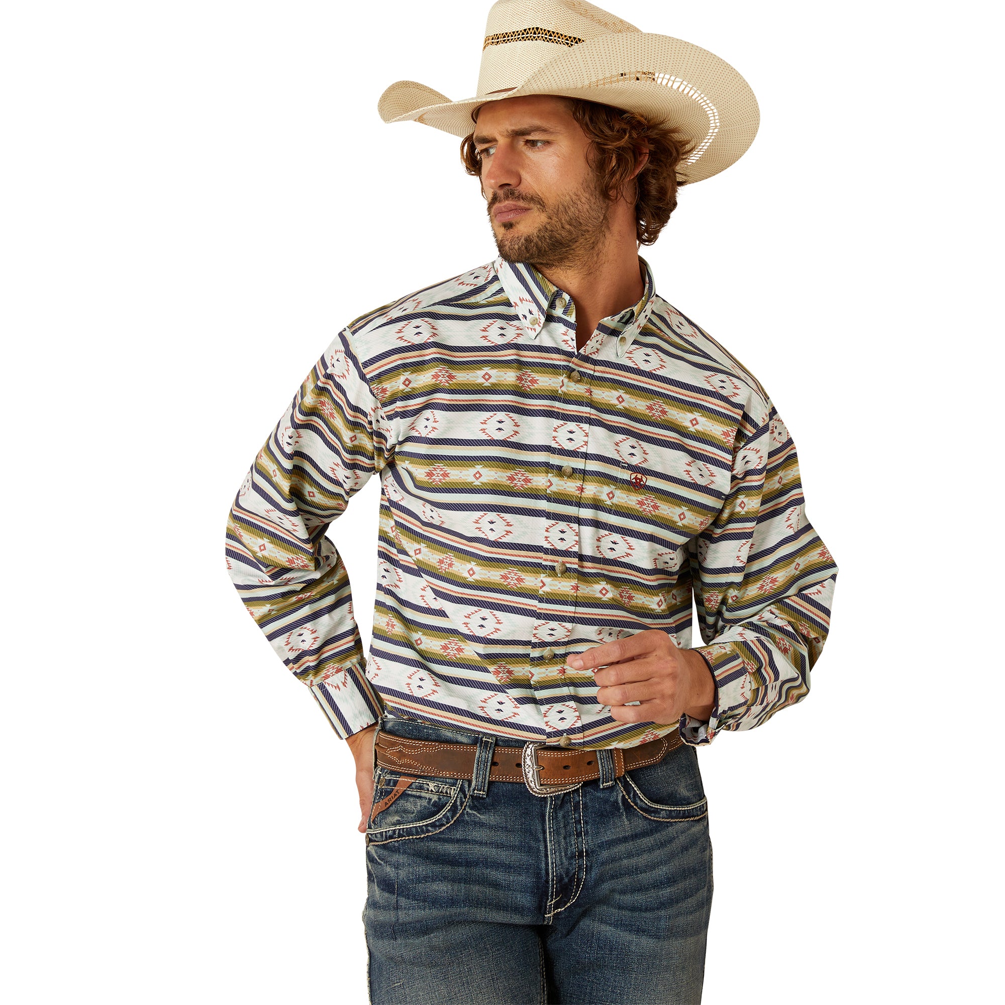 Ariat Navy (Stripes with Print) Men's Calder Collared Classic Fit Men's Longsleeve Button Front Shirt 10054669