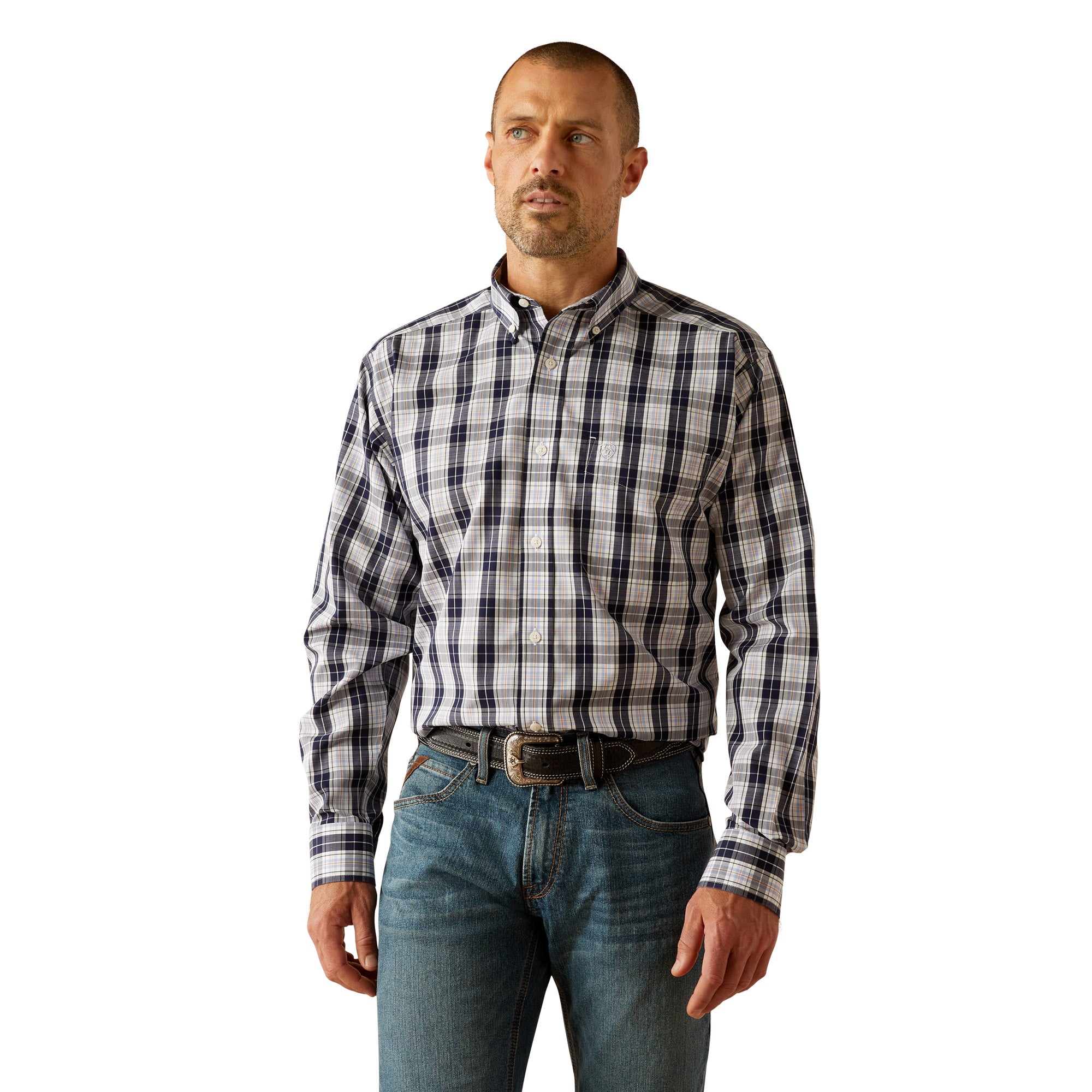Ariat Dark Blue Plaid Wrinkle Free Men's Ocean Collared Classic Fit Longsleeve Shirt 10054827