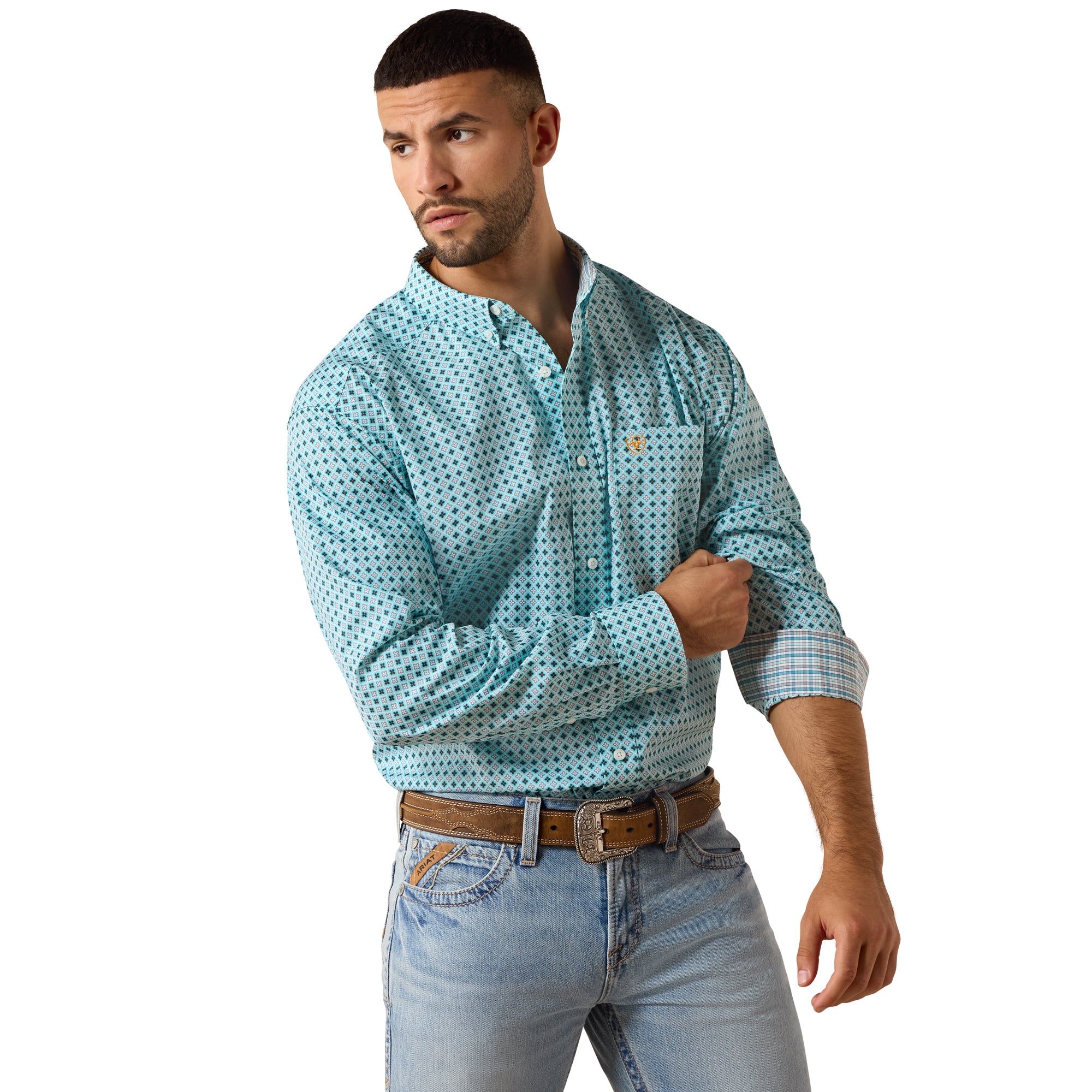 Ariat Angel Blue Geo Print Wrinkle Free Andy Classic Fit Shirt 10071027