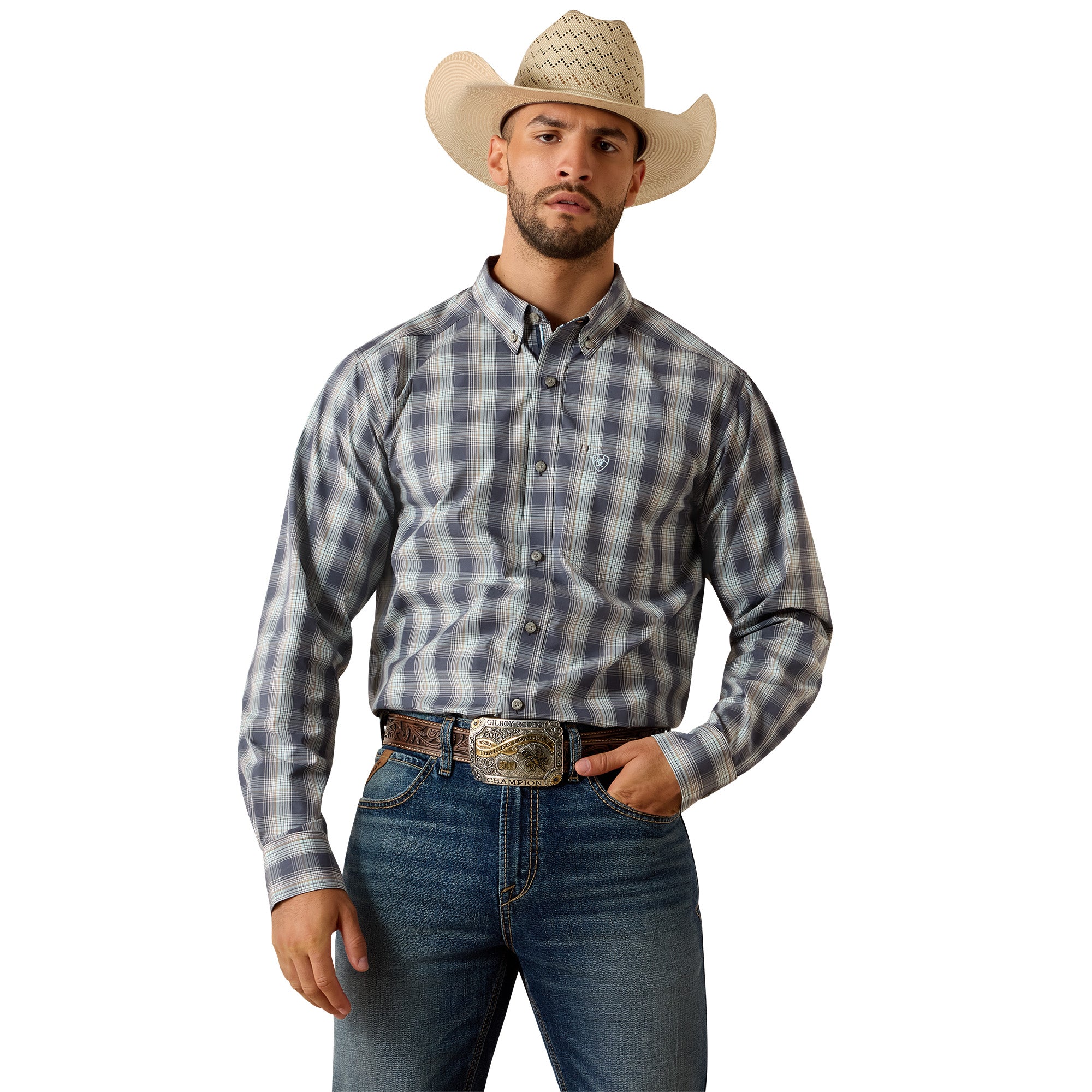 Ariat Ombre Blue Plaid Men's Pro Series Priest Fitted Longsleeve Collared Shirt 10071574