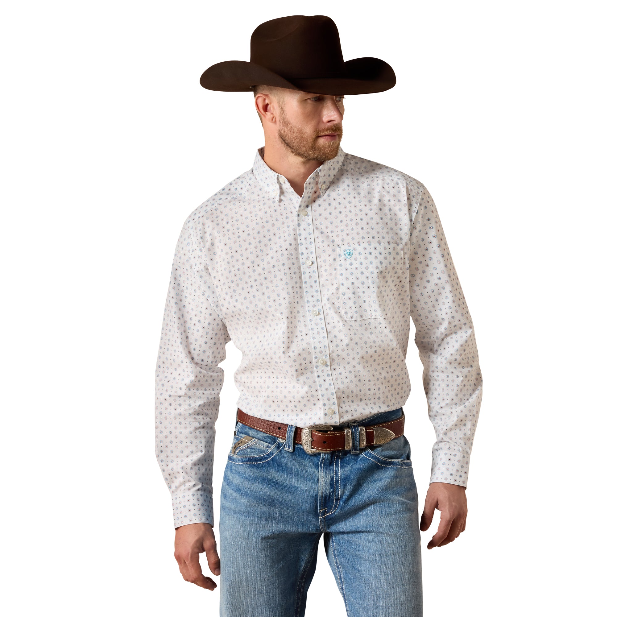 Ariat White Southwestern Geo Print Men's Jayson Classic Fit Longsleeve Collared Shirt 10071611