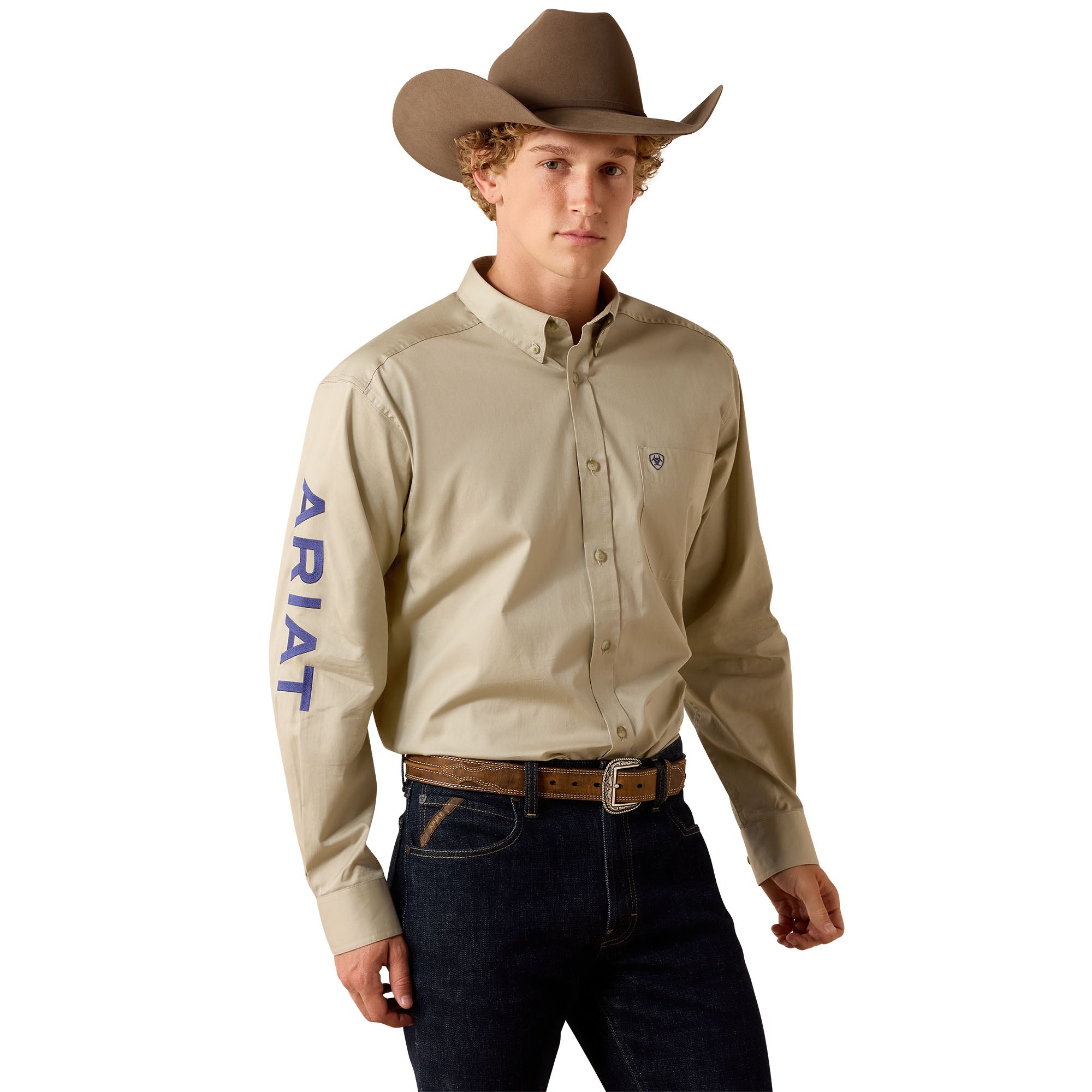Ariat Khaki/Navy Team Logo Men's Lightweight Twill Classic Fit Shirt 10071688