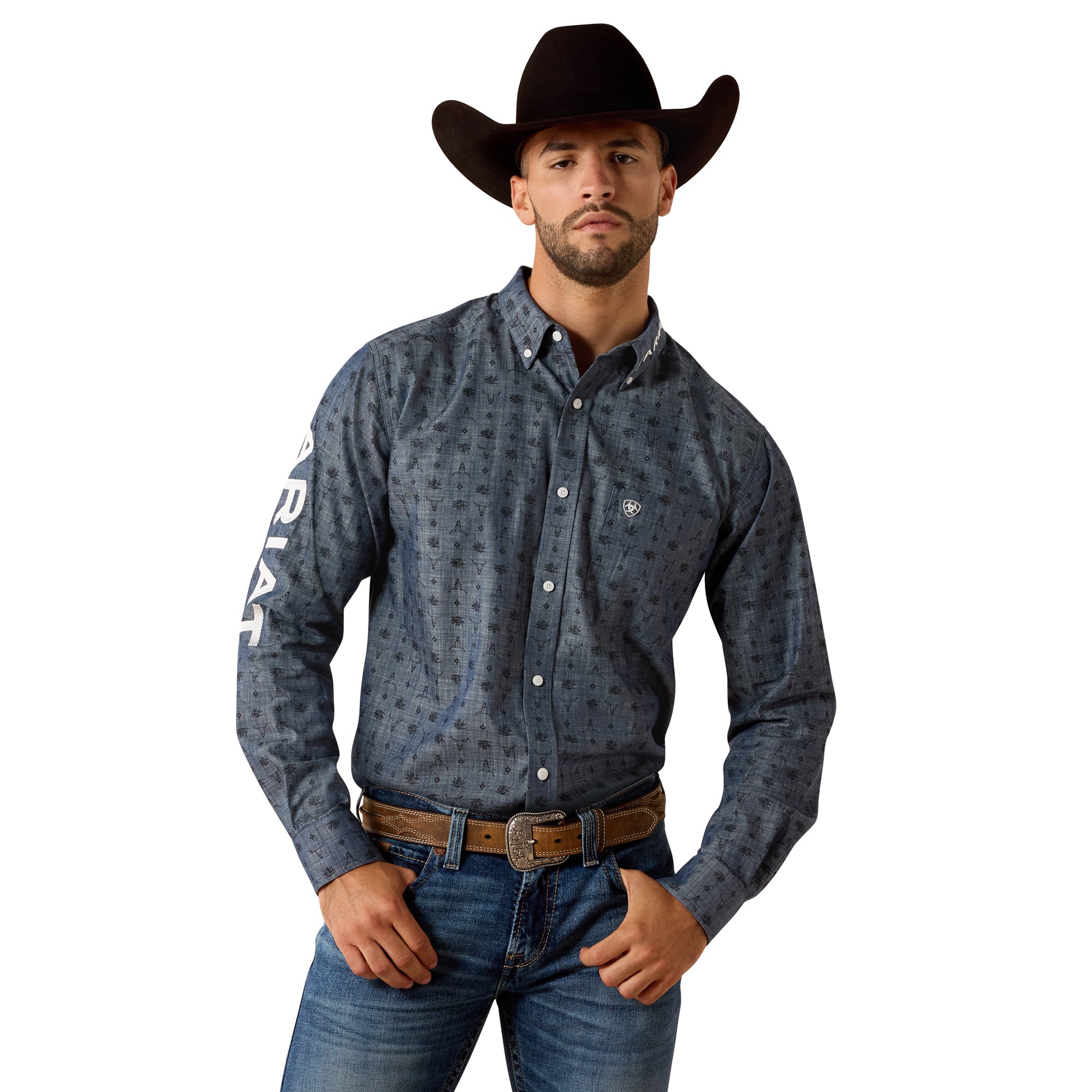 Ariat Blue Steerhead Print/White Men's Team Wael Longsleeve Collared Fitted Button Front Shirt 10071713