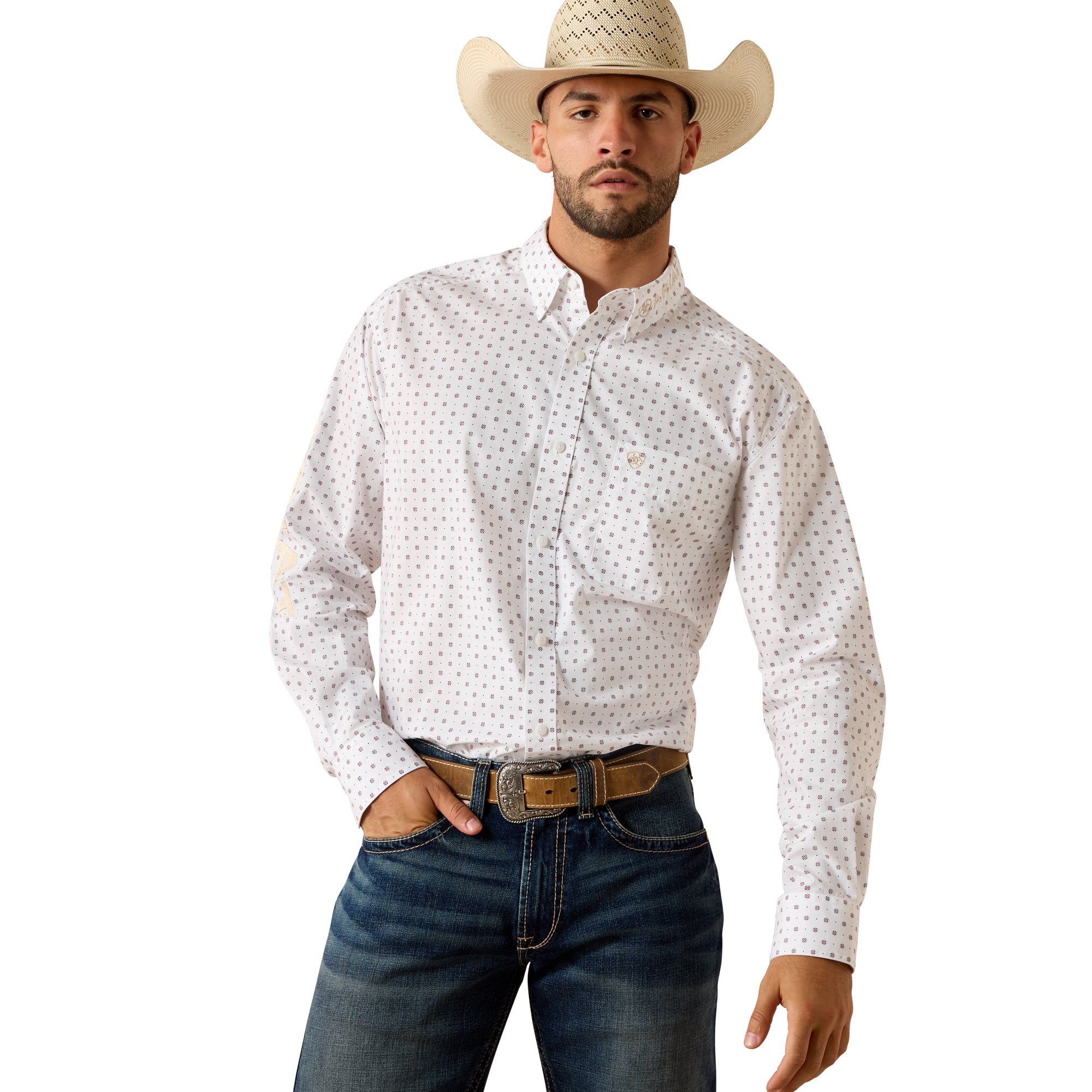 Ariat White/Khaki Team Wake Men's Longsleeve Collared Classic Fit Shirt 10071715