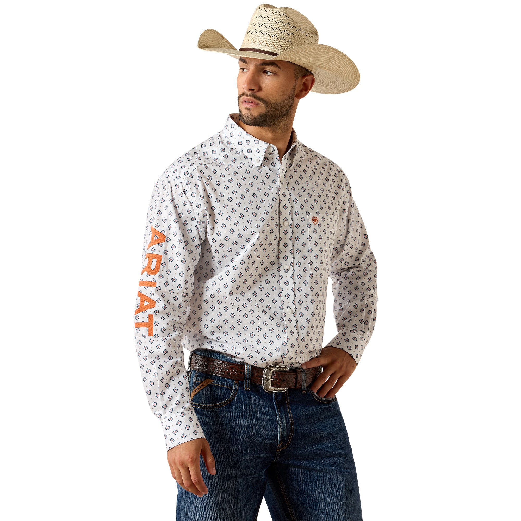 Ariat White/Orange Men's Team Jericho Classic Fit Longsleeve Collared Shirt 10071718