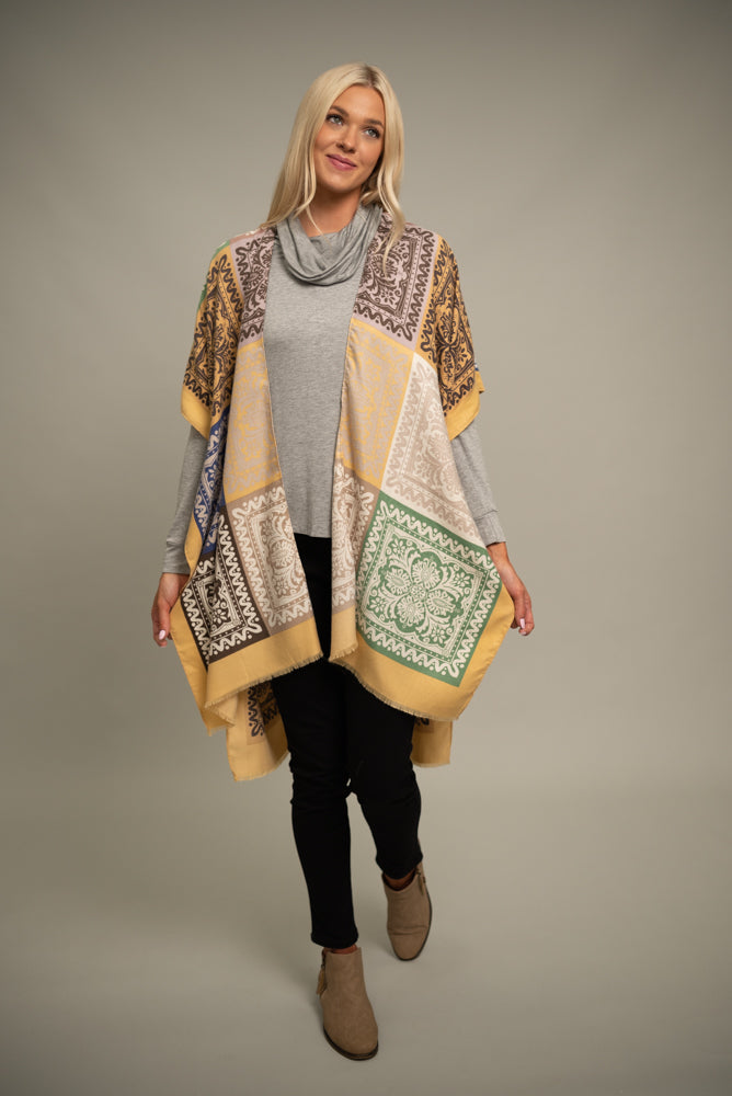 Pine Apparel Honey Patchwork Print Kimono SBK2614-MUSTARD