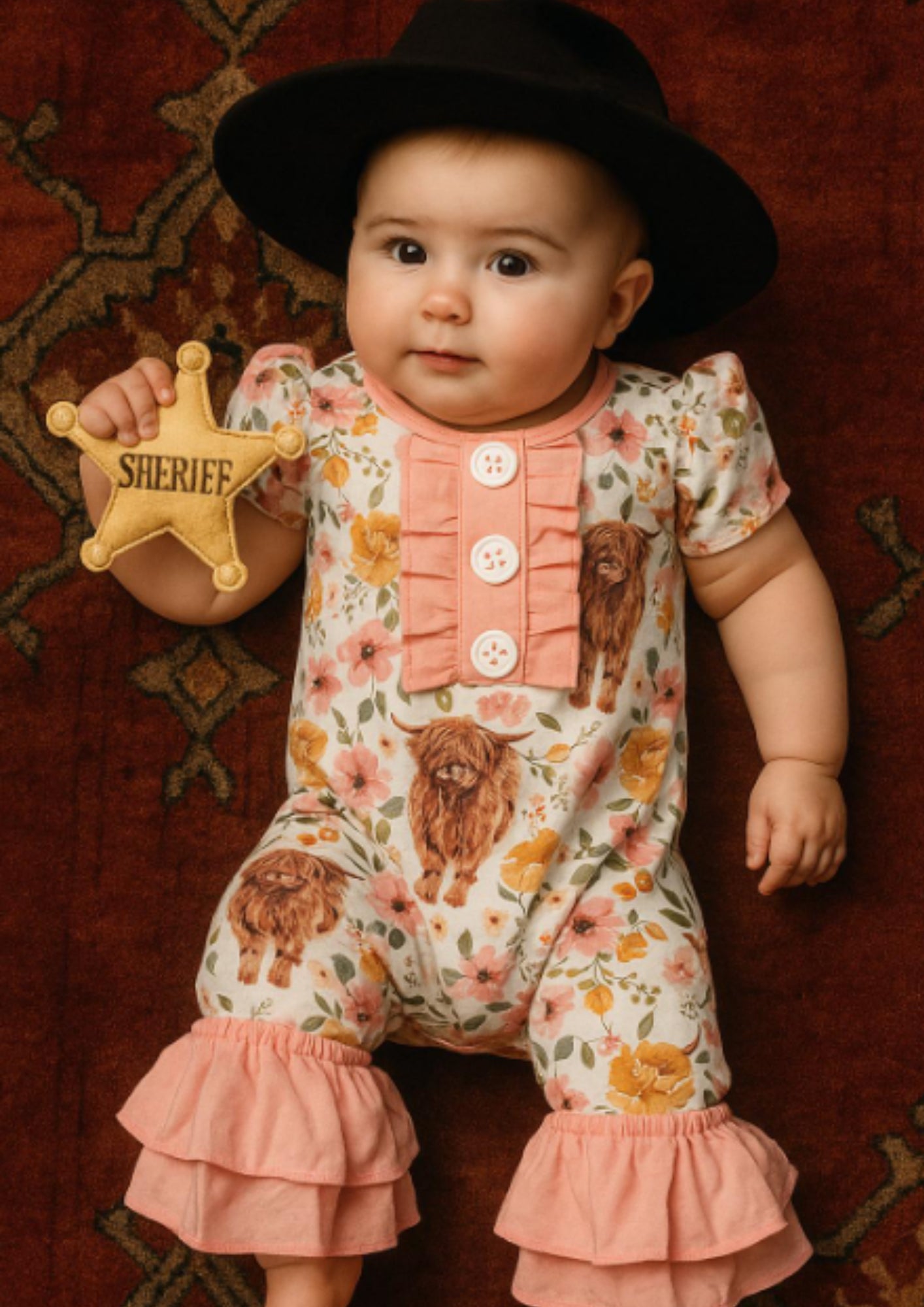 MontanaCo Highland Cow Ruffle Button Infant Romper SR0010