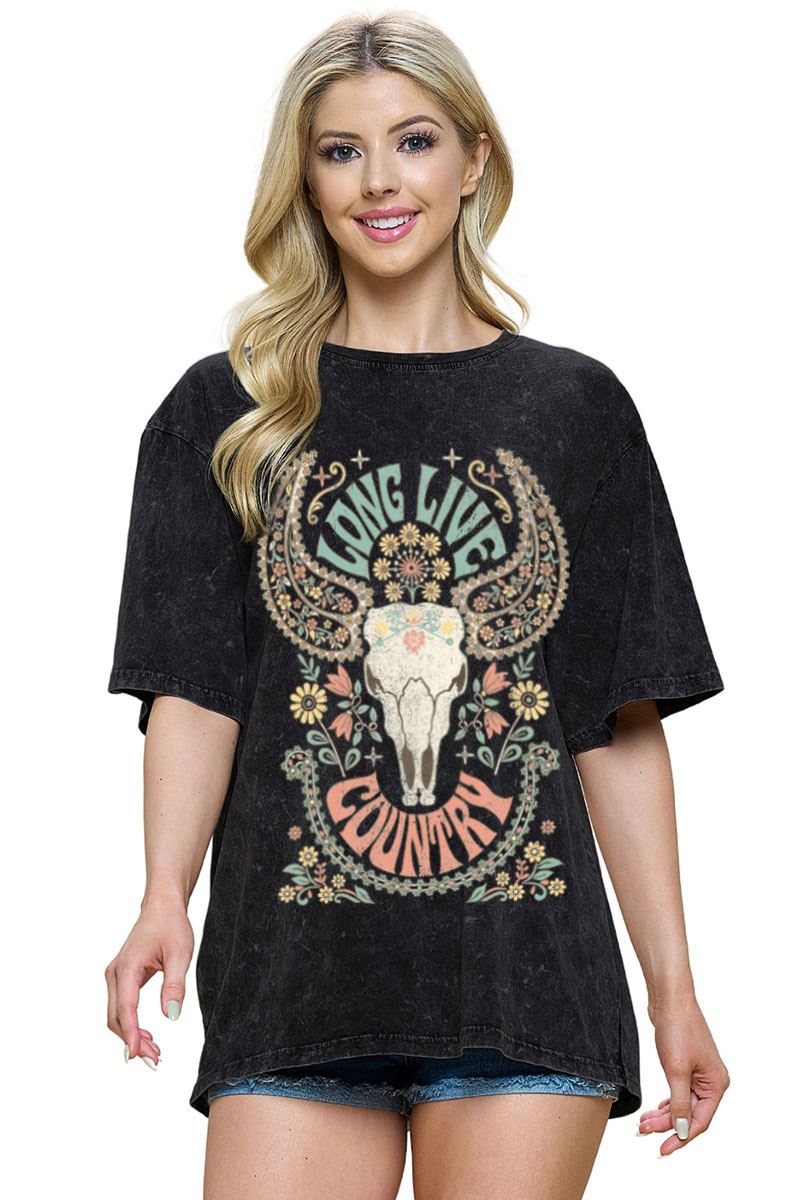 Zutter Black Long Live Country Women's Skull Graphic T-Shirt with Flowers  T9478-2467-BLK