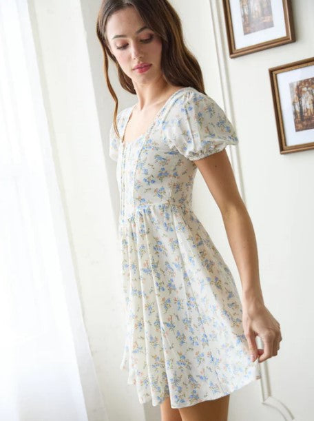 Blu Pepper Ivory Multi Floral Lace Trim Front Hook & Eye Mini Dress TB8820
