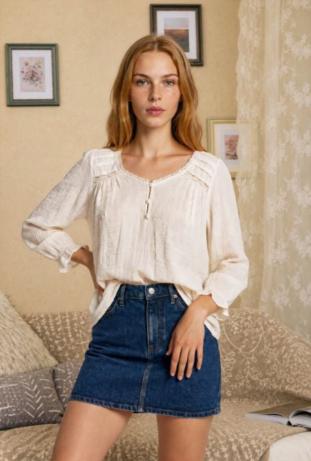 Blu Pepper Cream Corchet Trim V-Neck 3/4 Sleeve Henley Top TB9343