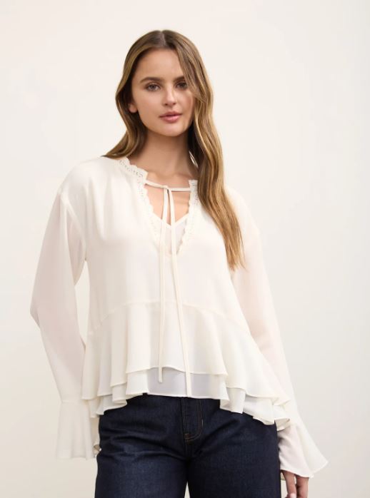 Blu Pepper Cream Tiered Ruffle Tie-Neck Long Sleeve Top TWS1262