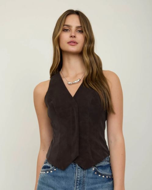 Blu Pepper Brown V-Neck Button Down Suede Vest TWS1273