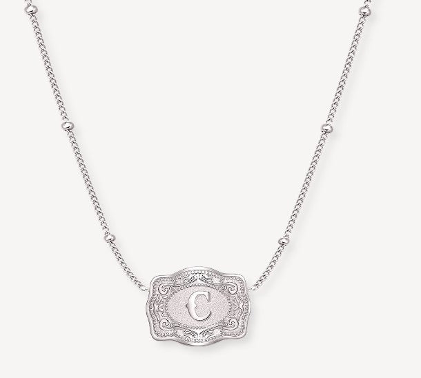 Spurwest Silver Ultra Mini Initial Belt Buckle Necklace - Letter C U-NK-SLV-BC-C