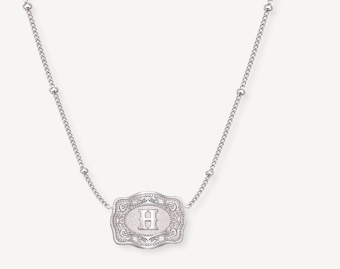 Spurwest Silver Ultra Mini Initial Belt Buckle Necklace - Letter H Style number U-NK-SLV-BC-H