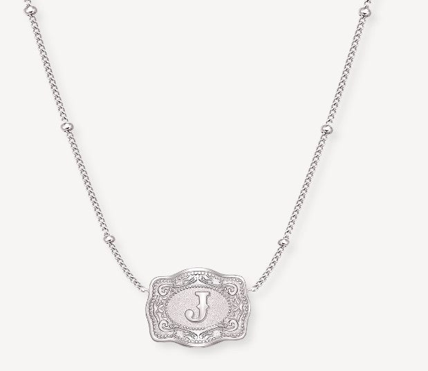 Spurwest Silver Ultra Mini Initial Belt Buckle Necklace - Letter J Style number U-NK-SLV-BC-J