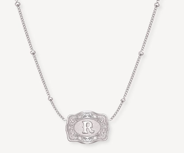 Spurwest Silver Ultra Mini Initial Belt Buckle Necklace - Letter R