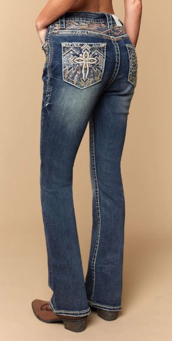 Western Blue Embroidered Cross Back Pocket Women's Bootcut Jeans W-252-PB