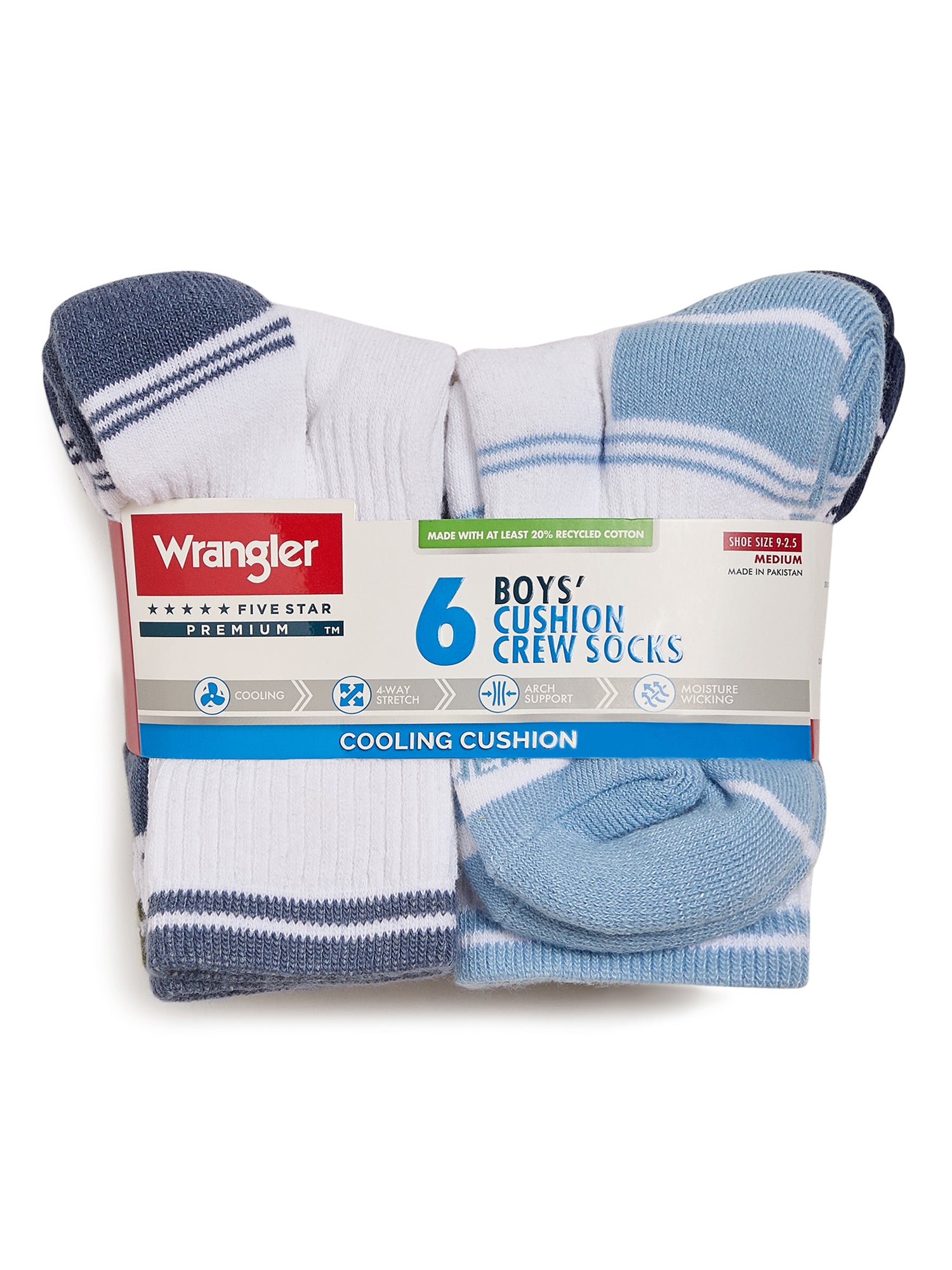 Wrangler White with Color Stripes 6 pack Boys Cushion Crew Socks WFD03B2269-100