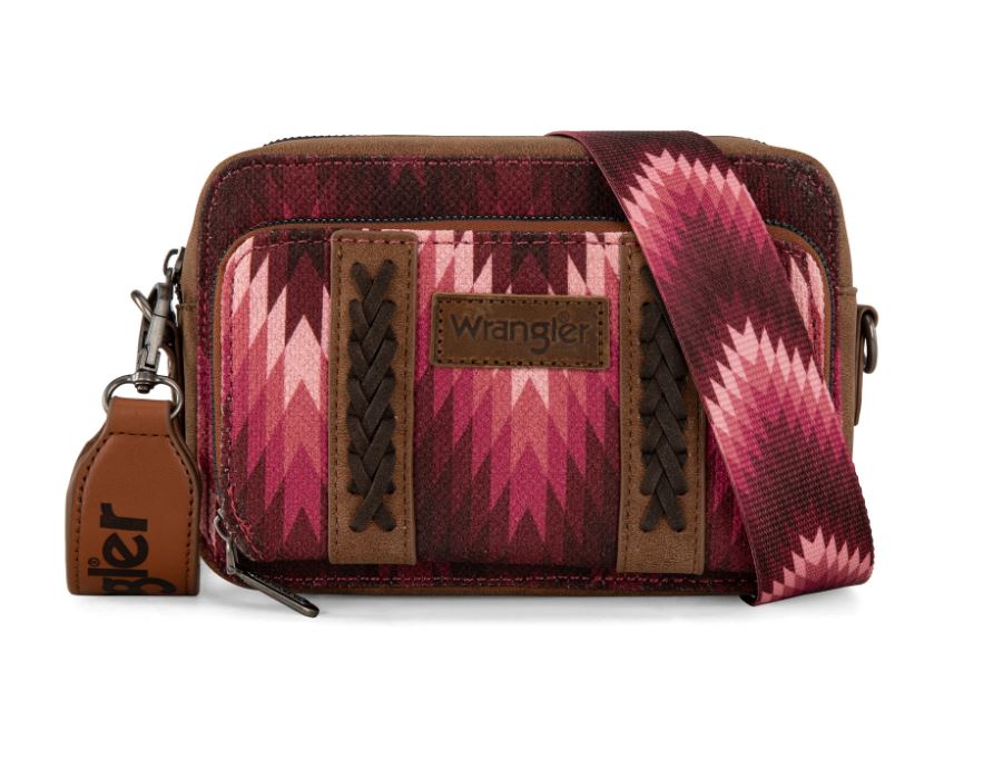 Wrangler Dark Pink Southwestern Pattern Dual Sided Print Crossbody Purse with Wallet Compartment WG2211-3003 DPK