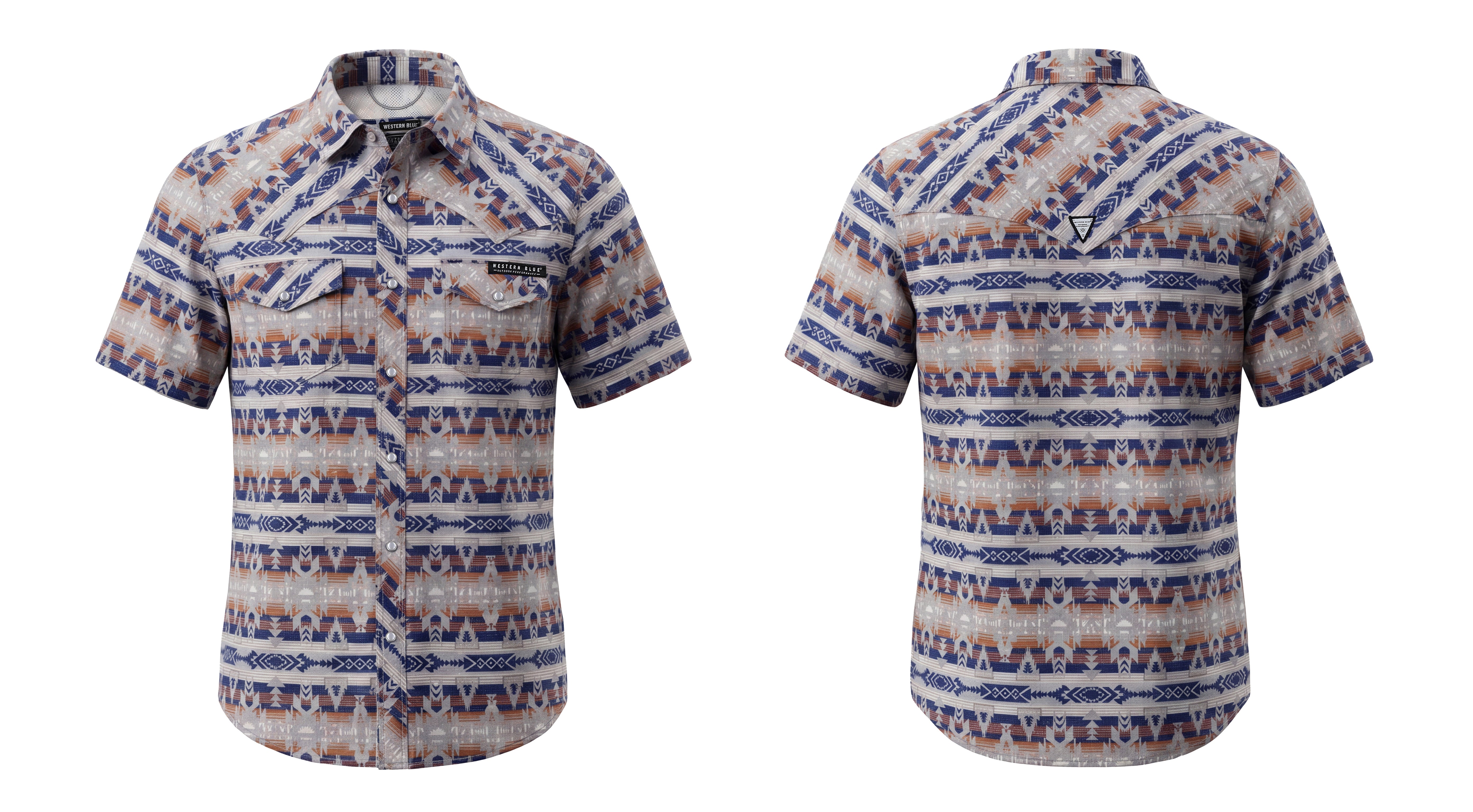 Western Blue Navy with Aztec Print Short Sleeve Snap Front Men's Outdoor Performance Shirt WL-048