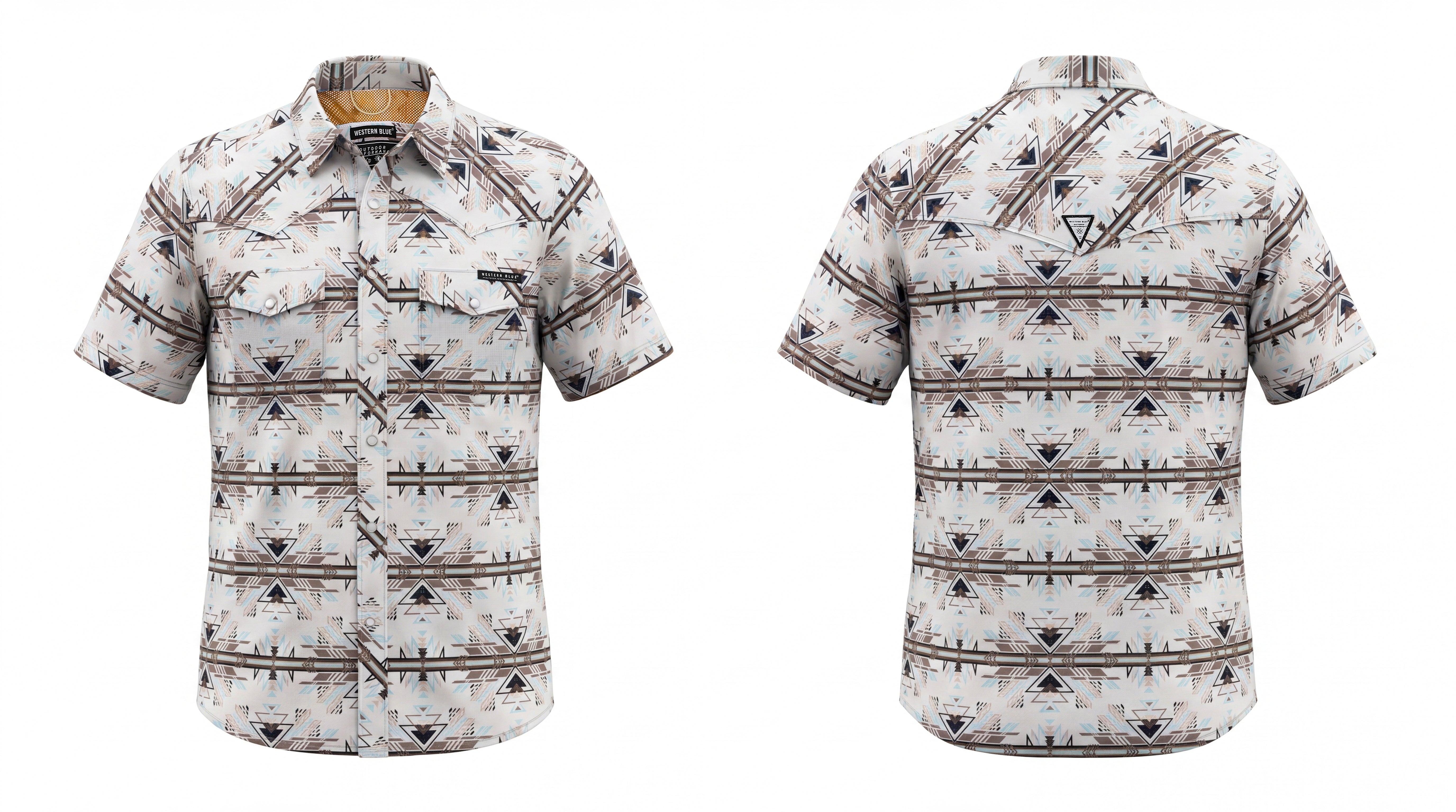 Western Blue Natural with Aztec Print Men's Collared Short Sleeve Snap Front Performance Outdoor Shirt WL-051