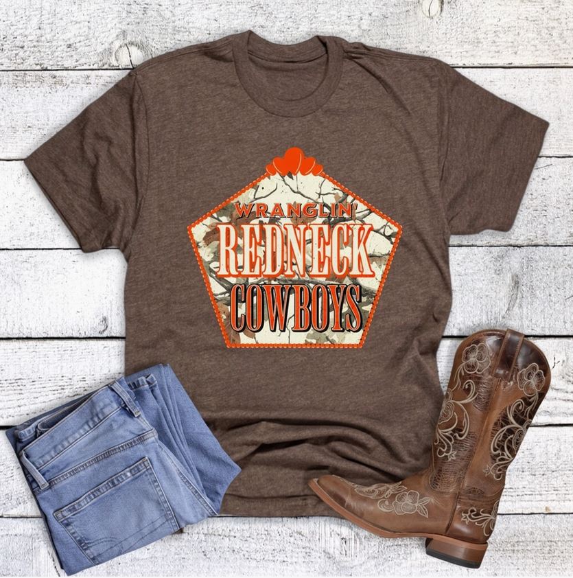 Rebel Rose Heather Brown Wranglin' Redneck Cowboys Graphic Tee 26-1094EXBROWN