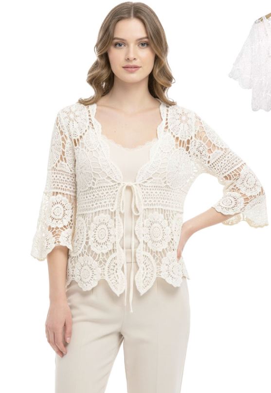 Azz Trading Beige Women's 3/4 Sleeve Crochet Tie Top YY309-BEIGE