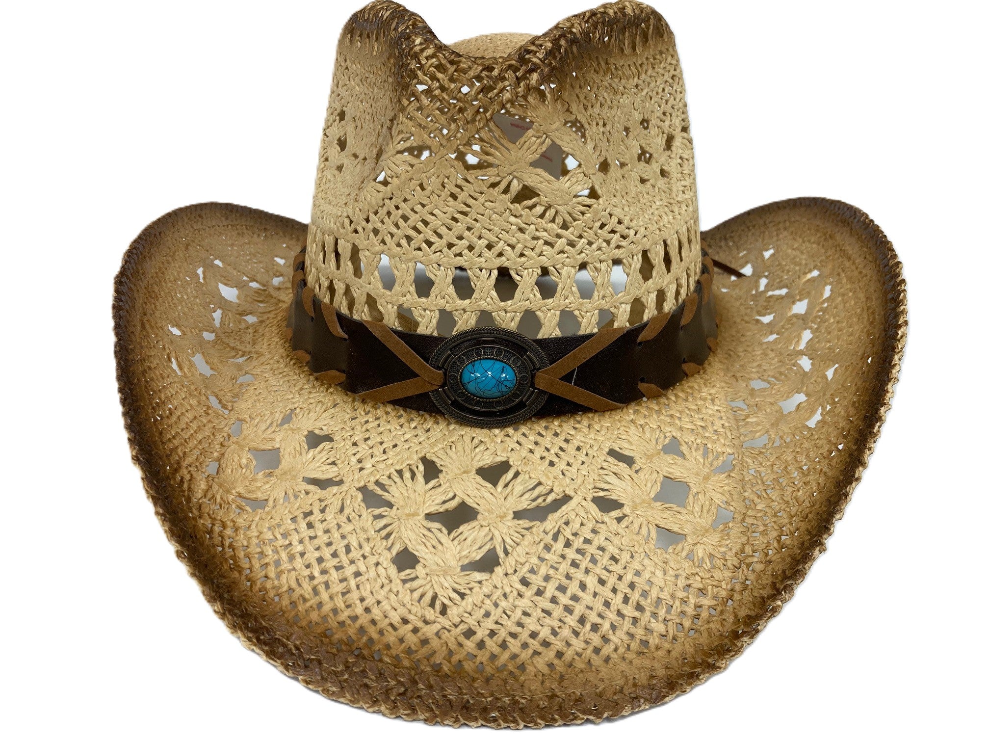 Lebo's Tan Straw Ladies' Fashion Hat with Turquoise Look Stone ZA213