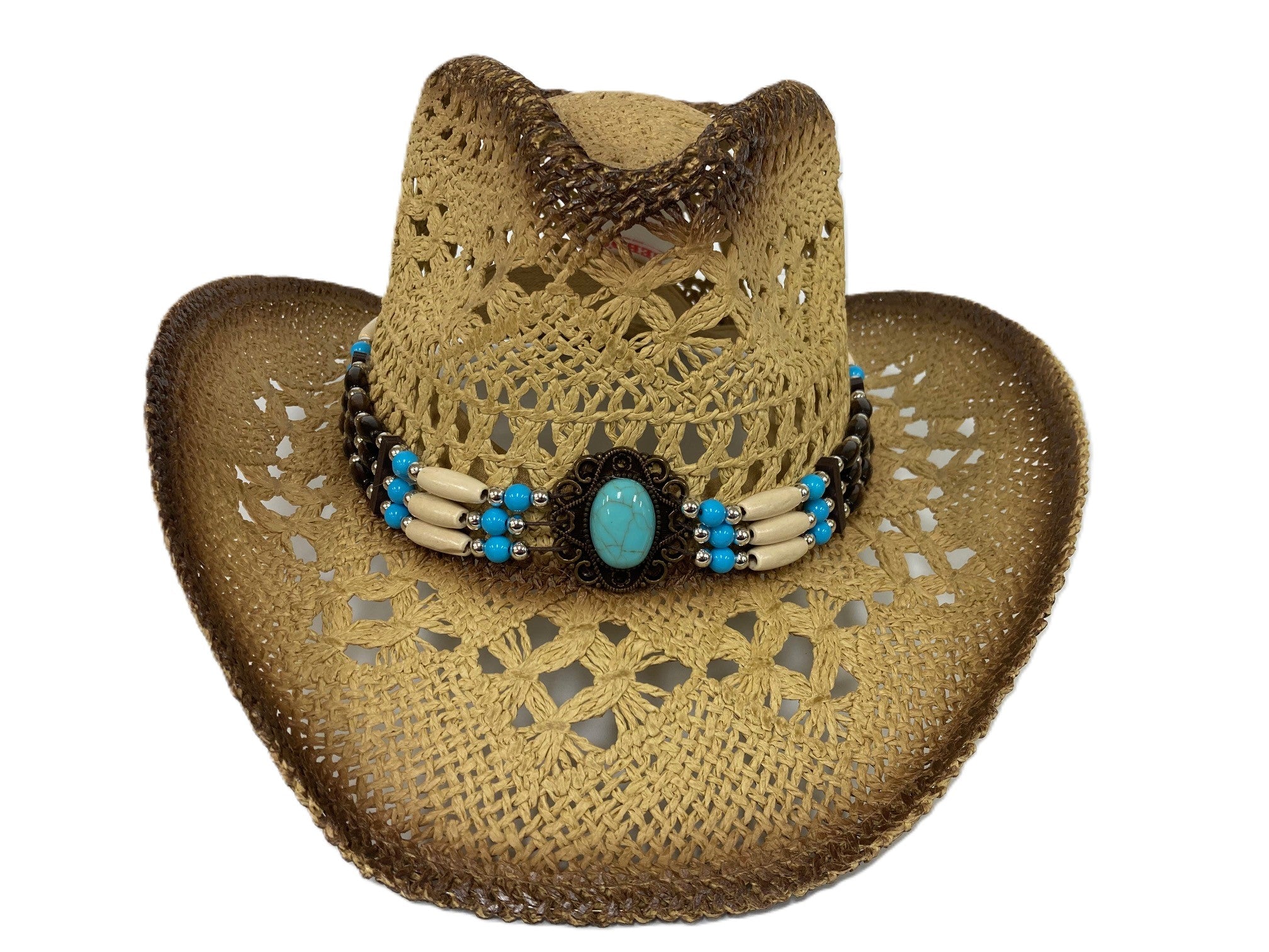 Lebo's Tan Women's Straw Fashion Western Hat with Turquoise, White and Brown Bead Hatband ZA255