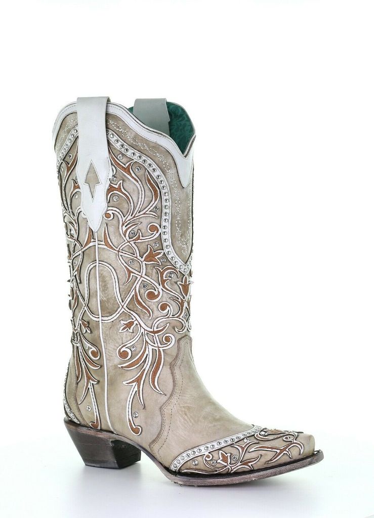 Corral White Overlay Studded Womens Snip Toe Boots A3837
