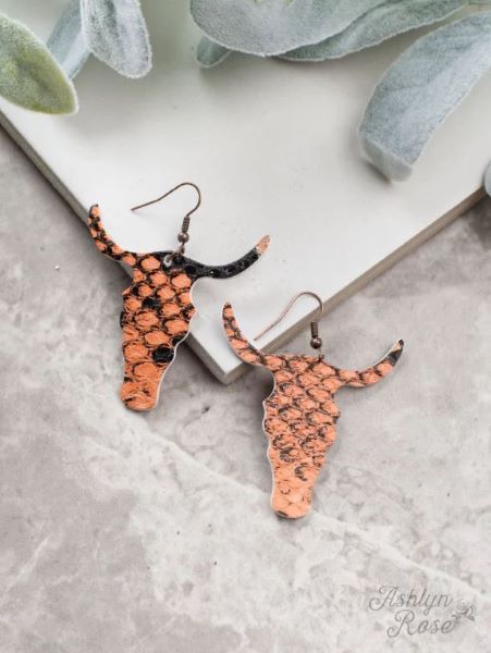 Ashlyn Rose Orange Snakeskin Bullskull Earrings AE8104-ORG