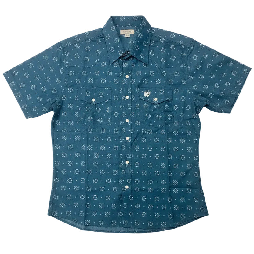 American West Blue with Print Men's Half Sleeve Collared Snap Shirt AW-316H