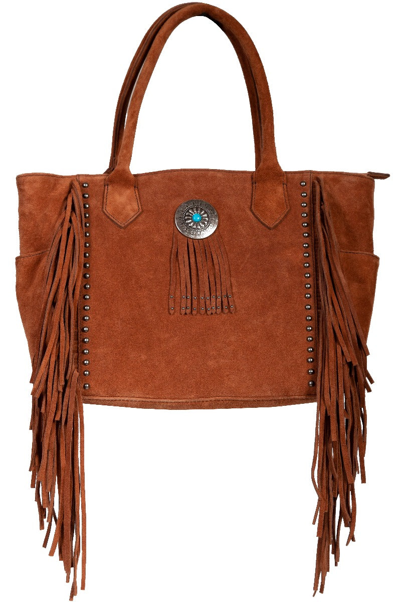 Scully Leather Fringe and Studded Tote Handbag with Turquoise stone B187  ***Online Only