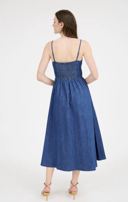Blu Pepper Blue Denim Midi Sleeveless Dress with Bow Detail B5SD1060