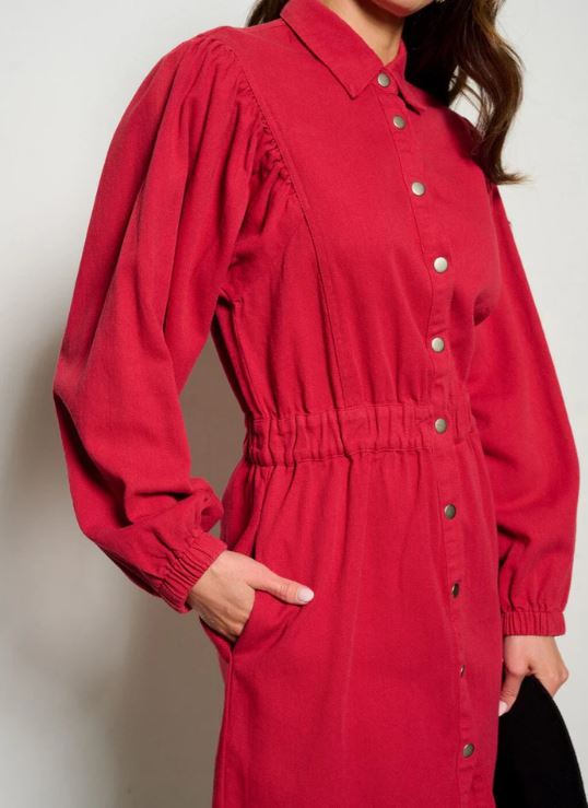 fitted lace wedding dress 100% Cotton Red Button Front Mini Dress- All Dresses