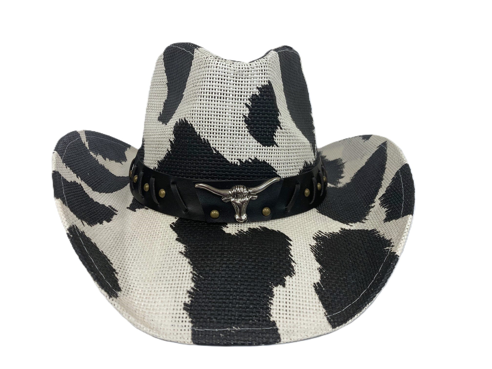 Lebo's Black/White Cow Print Straw Hat with Longhorn Emblem Hatband BA10-COW