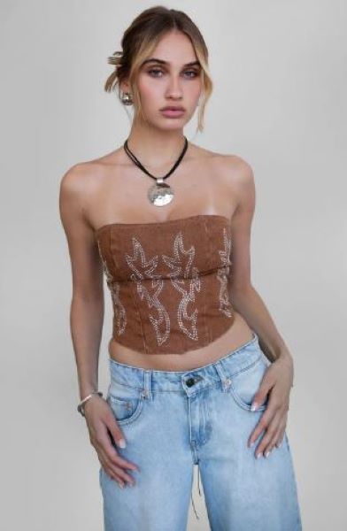 TicToc Brown Beckee Women's PU Vegan Leather Western Style Corset Top BECKEE-BRN
