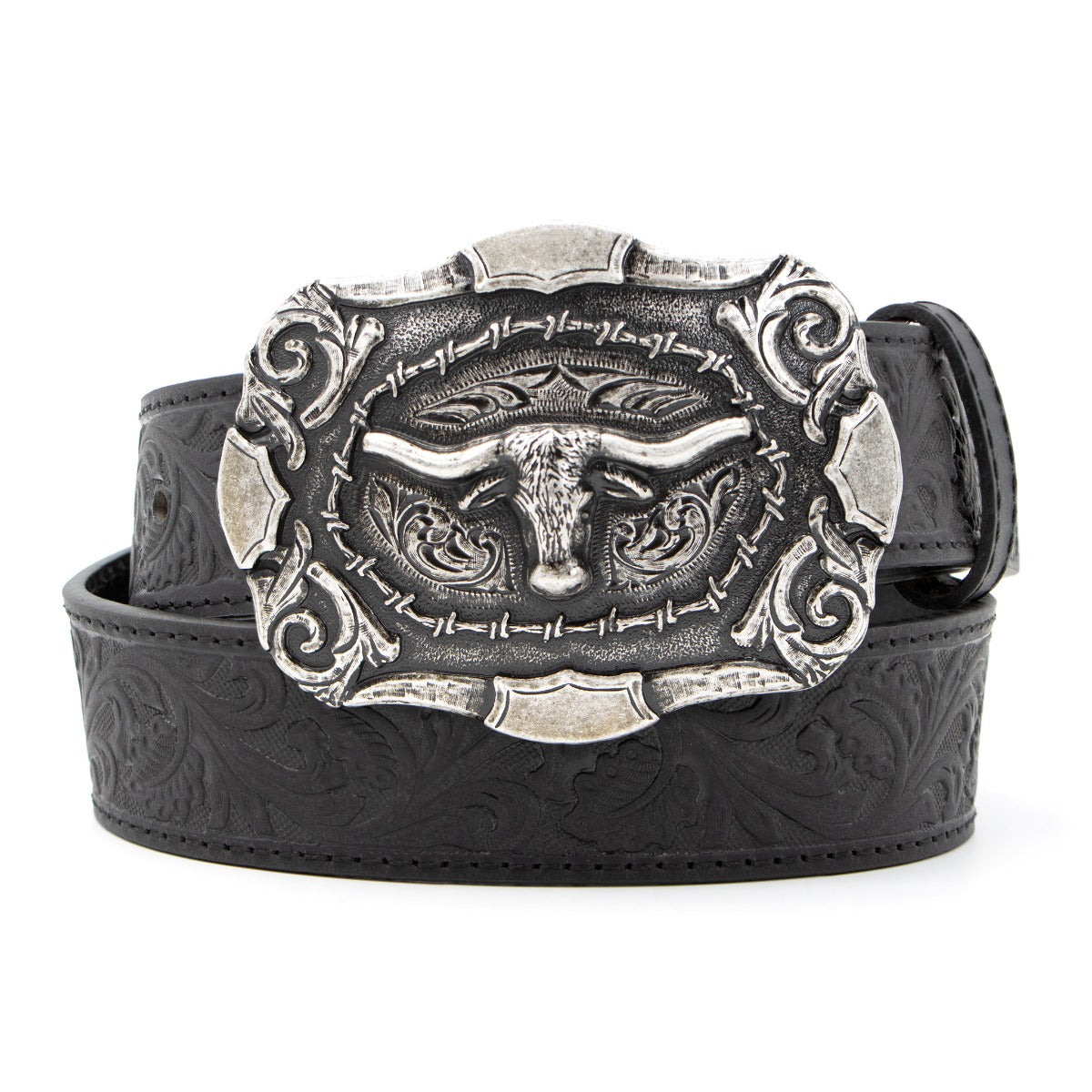 Andwest Black 1 1/2 inch Tooled Longhorn Buckle Men's Belt BLT212-01