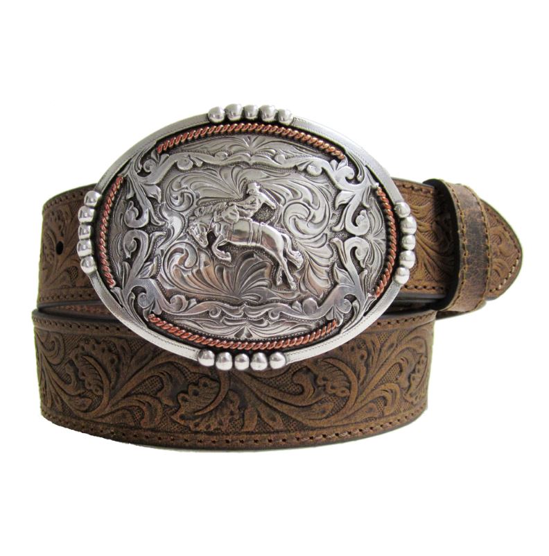 Andwest Brown 1 1/2 inch Tooled Buckin' Bronc Rider Men's Buckle Belt BLT214-26