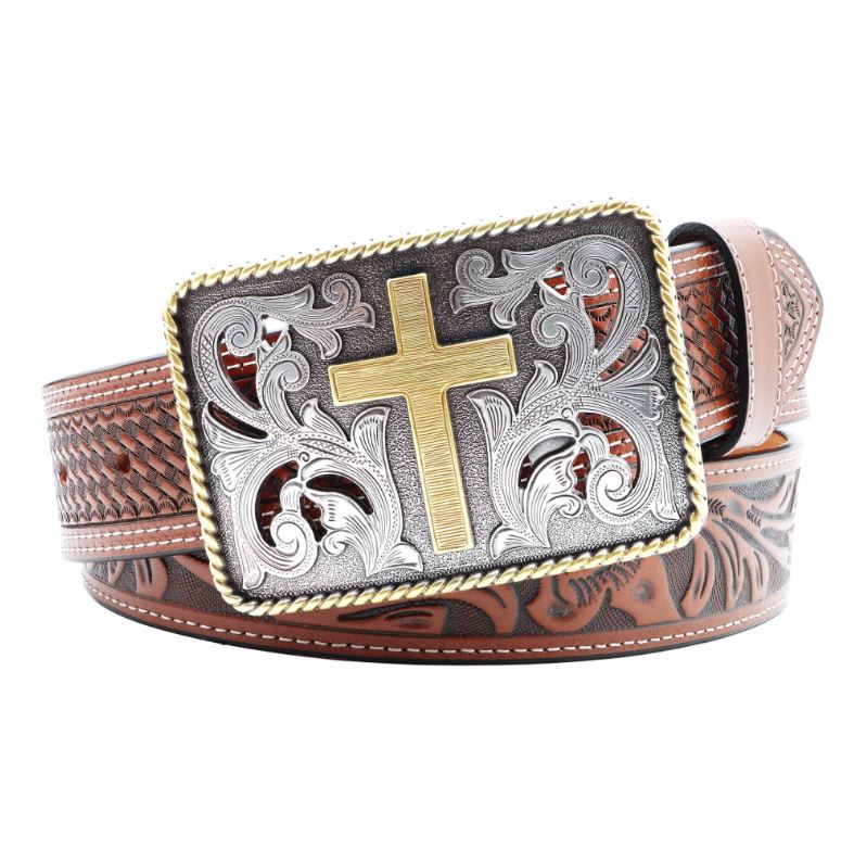 AndWest Brown 1 1/2 inch Cross with Rope Edge Border Buckle Belt BLT267-20
