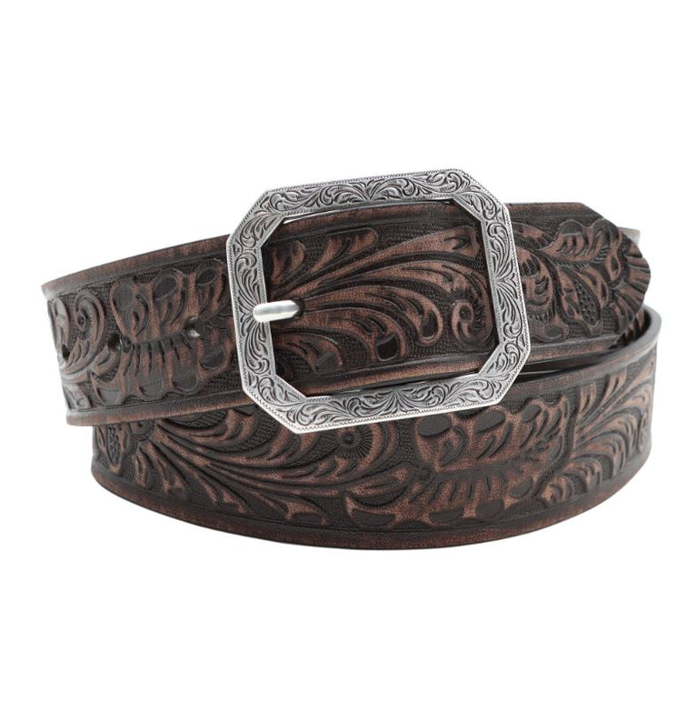 Andwest Dark Brown 1 1/2 inch Women's Tooled Belt with Rectangular Engraved Buckle BLT516-22