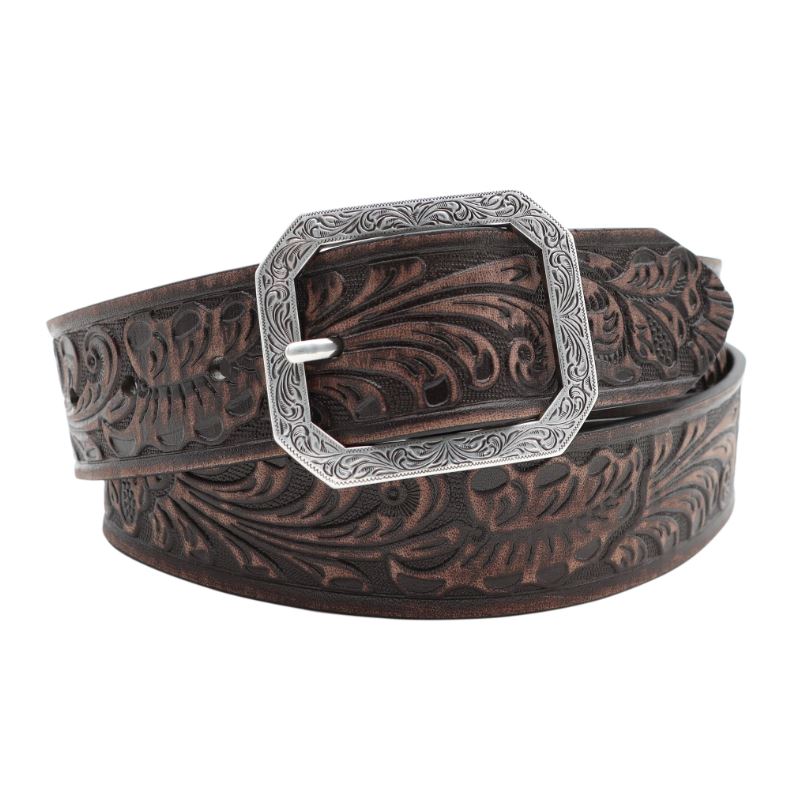 Andwest Dark Brown 1 1/2 inch Women's Tooled Belt with Rectangular Engraved Buckle BLT516-22