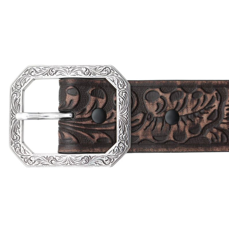 Andwest Dark Brown 1 1/2 inch Women's Tooled Belt with Rectangular Engraved Buckle BLT516-22