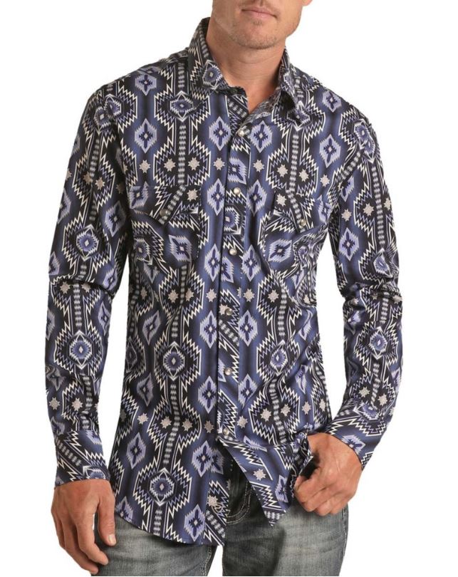 Rock and Roll Denim Blue Denim Vertical Aztec Print Men's Woven Long Sleeve Collared Snap Shirt BMN2S03342