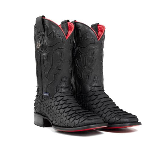 Rock'Em Matte Black Bruce Viper Red Bottom Square Toe Men's Cowboy Boots
