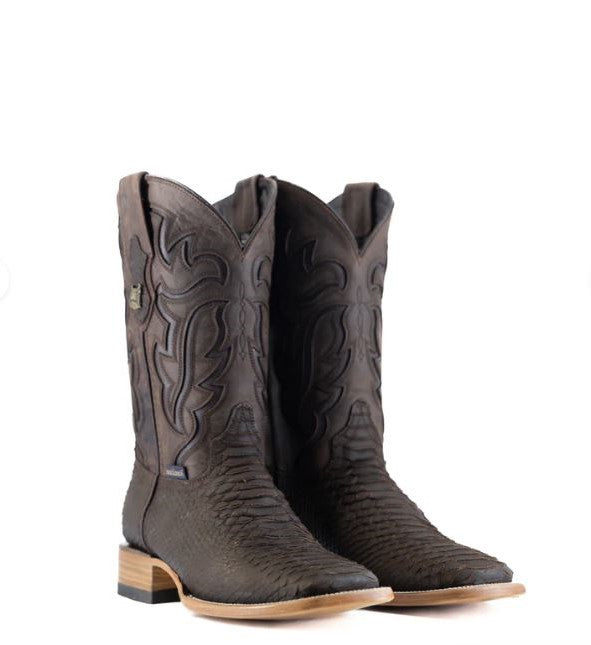 Rock'Em Nobuck Brown Bruce Matte Python Leather Print Square Toe Men's Cowboy Boots BRUC PYTH NBUK
